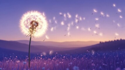 A tiny fairy rests on a glowing dandelion as its seeds are carried away by the wind over a vast, purple field at twilight.