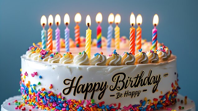 Festive birthday cake with lit candles, colorful sprinkles, and a joyful 'Happy Birthday' message