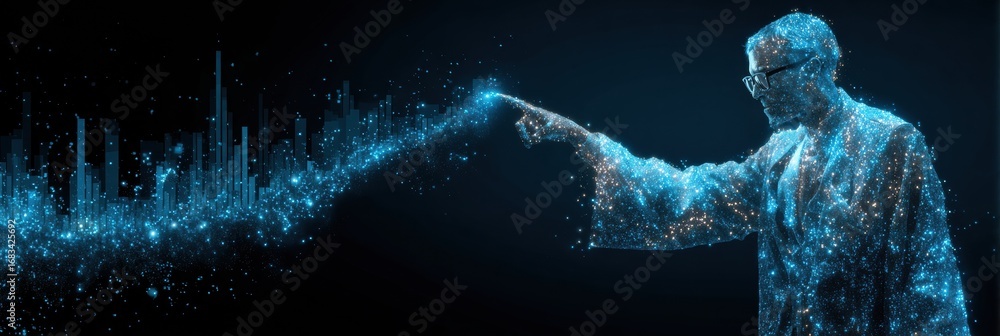 Poster a man in glasses stands confidently, pointing towards a vibrant digital cosmos filled with shimmerin