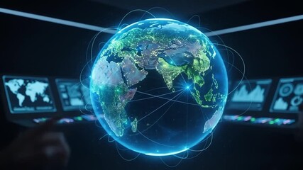 Holographic Earth globe with glowing network connections displayed in a futuristic control room with multiple data screens and a human hand interacting with a touch interface. - Powered by Adobe
