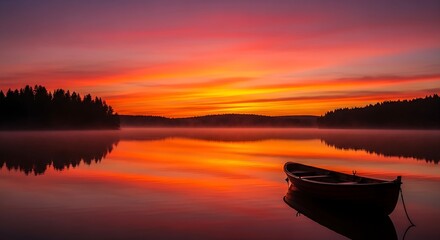 Boat on a calm lake reflecting a vibrant sunset with forest silhouette in the background view scene