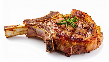 Golden roasted lamb chop with bone juicy meat crispy edges appetizing protein food isolated on white background
