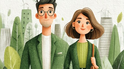 Eco-friendly professionals standing amid sustainable architecture and greenery concepts