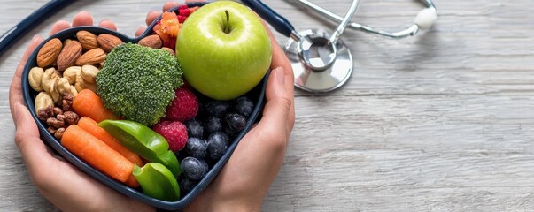 Healthy Heart-Shaped Food Bowl with Fruits, Vegetables, and Stethoscope.