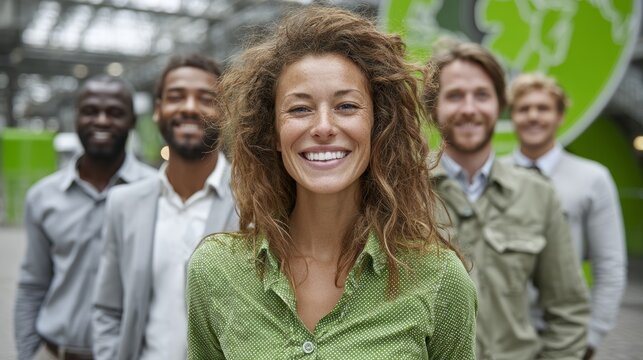 Smiling professionals gathered in an eco-friendly workspace promoting teamwork and collaboration