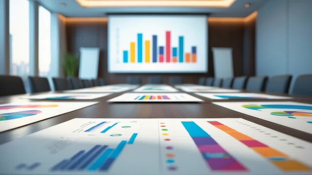 Modern corporate meeting room with colorful business charts on papers and large presentation screen displaying bar graphs for financial analysis - Powered by Adobe