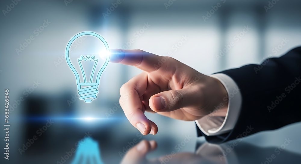 Poster a hand touching a lightbulb icon with a suit sleeve visible in a blurred background setting