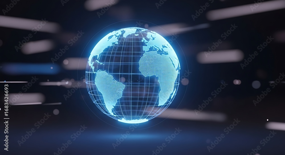 Poster glowing blue globe with wireframe grid against a dark background with light streaks and bokeh effect