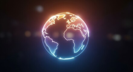 Fototapeta premium Glowing earth globe with visible continents and a dark background with bokeh effect lights around it