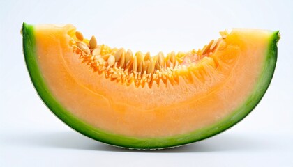Fresh melon slice with green rind orange flesh sweet juicy texture organic fruit isolated on white background
