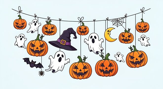 A halloween decoration featuring pumpkins ghosts a witch hat a bat a spider and a crescent moon