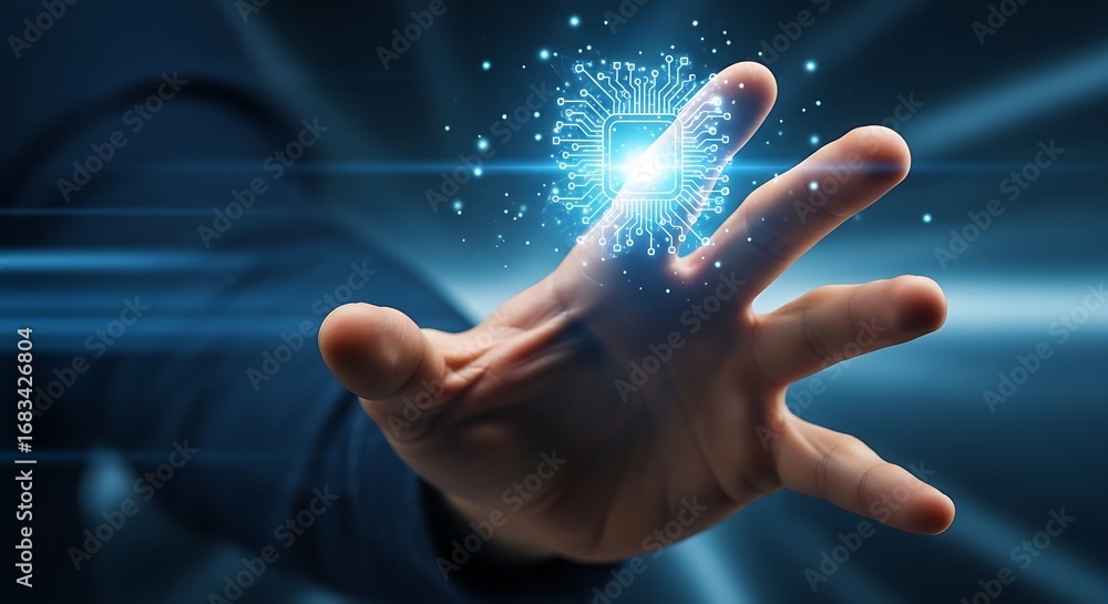 Poster hand reaching for a glowing microchip with blue circuit design on a blurred blue background effect
