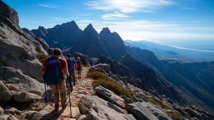 Hikers Walking on Mountain Trail Using Trekking Poles Rugged Terrain with Rocky Surfaces and Scenic Overlooks Durable Gear Like Backpacks and Boots Conveying Endurance and Nature