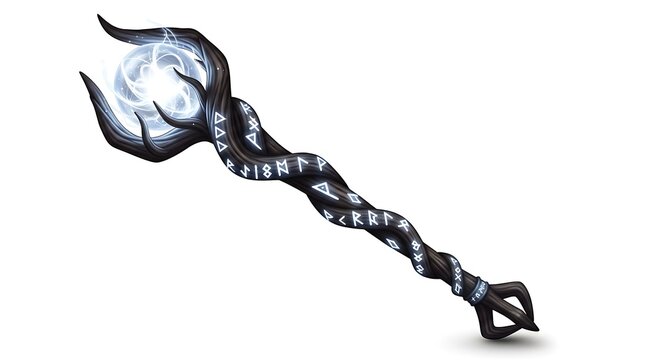 A dark magic staff with glowing orb at the top and runes carved along the twisted wooden shaft details - Powered by Adobe