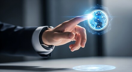 A hand touching a glowing globe with interconnected lines on a modern surface in a dark environment