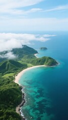 Obraz premium Aerial View of a Lush Green Island with Turquoise Waters and Sandy Beaches