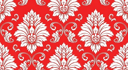 Elegant red damask pattern with intricate white floral motifs timeless classic wallpaper design