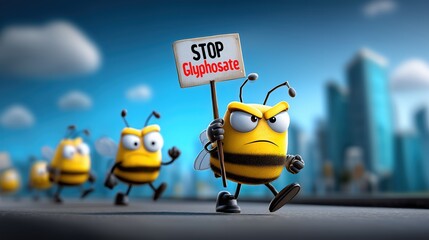 Abeilles cartoon en manifestation tenant une pancarte Stop Glyphosate
