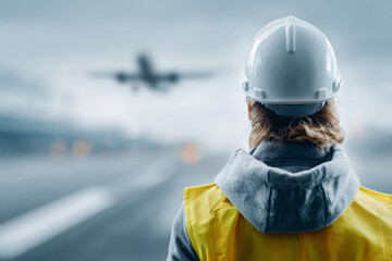 An airport worker stands watching an airplane take off from the runway