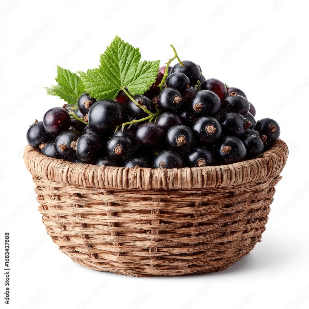 Poster fresh black currants in a rustic wicker basket isolated on white background perfect for food blogs a