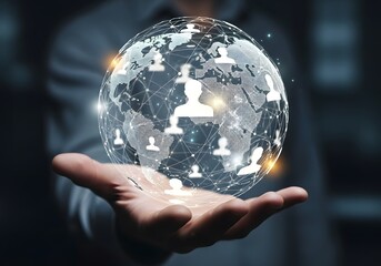 Businessman holding a glowing digital sphere, representing a global social network and modern communication technology