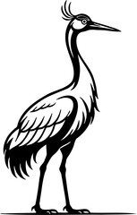 Obraz premium Black and white minimalist illustration of a crane bird standing gracefully, isolated on white