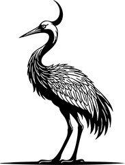 Black and white minimalist illustration of a crane bird standing gracefully, isolated on white
