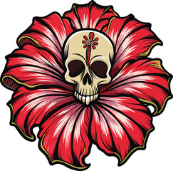 Halloween Tropical Theme Skull Flower Red Tattoo Design