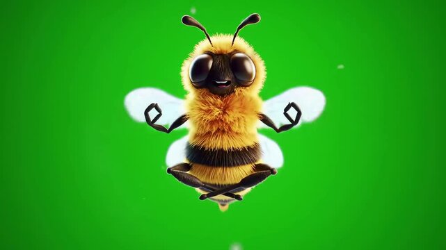 A cheerful cartoon bee hovering in front of a bright green background with a beehive cartoon concept