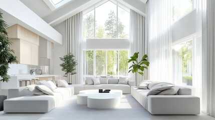 A living room with a large window and a white couch