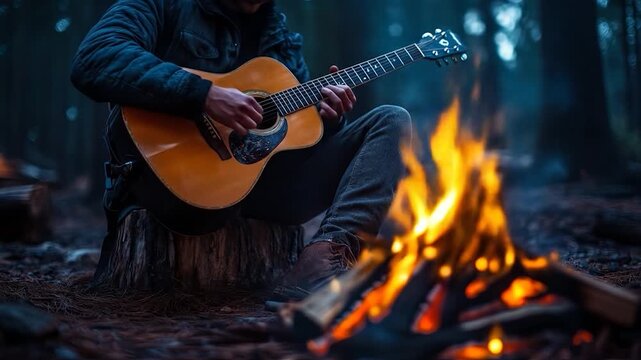 Man plays guitar by campfire.