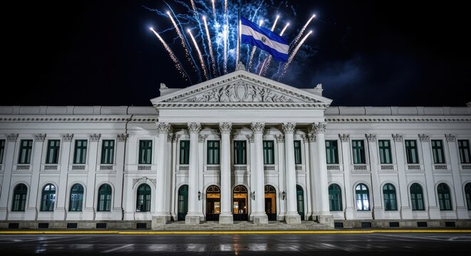 grand neoclassical building with columns illuminated at night by fireworks in background and flag on roof. celebratory, national festivity. event, travel brochure, el salvador independence day
