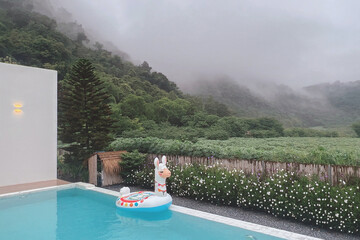 Misty Mountain View with Pool Floats,A serene swimming pool with a llama float overlooking lush green fields and mist-covered mountains.