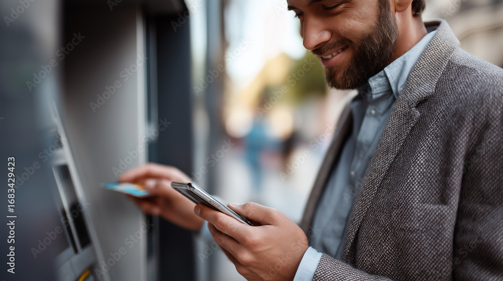 Aufkleber businessman using smartphone to withdraw cash at atm screen interaction and card insertion with pin 