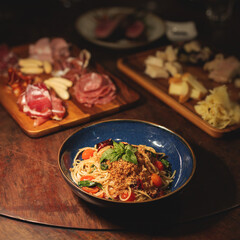 Spicy Seafood Spaghetti with Dried Bonito Flakes