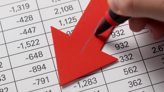 Negative Revenue Rate concept. Red arrow indicating decline on a financial chart.