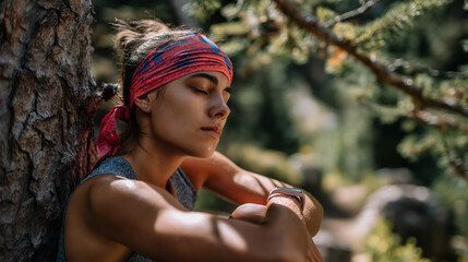 Athlete Resting During Trail Running in Forest Leaning on Tree Trunk with Sweat Beaded Forehead and Heavy Breathing Lush Greenery Dappled Sunlight and Winding Path Conveying