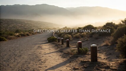 Scenic desert pathway with motivational quote and striking mountain backdrop