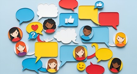 Colorful paper cutouts of diverse people and speech bubbles on a light blue background representing social media