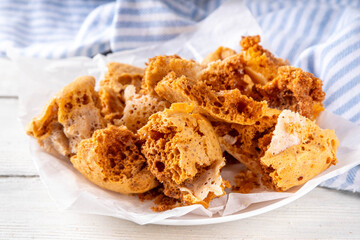 Sweet dessert honeycomb crunch, crunchy sponge candy, cider toffee, sugar seafoam crumble, dalgone...