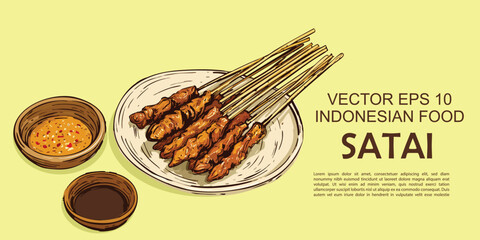 Vector Traditional Indonesian Street Food Chicken Satay. With delicious spices served on bamboo skewers, suitable for Social Media, Banners, Websites and Food Posters.