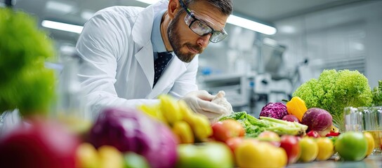 Food Scientist Inspecting Fresh Fruits and Vegetables in a Laboratory.