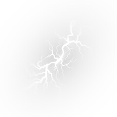 Naklejka premium Realistic lightning illustration with white bolt and thunderstorm background. Bright electricity strike with transparent energy, spark, and powerful natural phenomena.