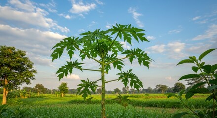 Obraz premium A papaya tree stands tall, its green leaves contrasting against a bright blue sky dotted with fluffy clouds, in a lush field