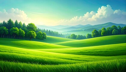 Obraz premium A serene, vibrant landscape showcases rolling hills of lush green grass, dotted with vibrant trees, under a bright sky filled with puffy clouds.