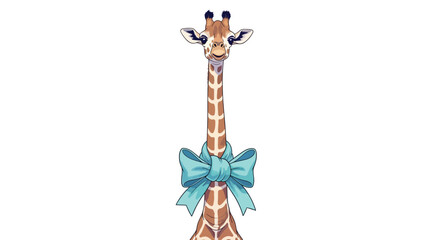 Close-up illustration of a cute cartoon giraffe adorned with a light blue bow around its neck. The giraffe is depicted from the chest up, facing directly forward