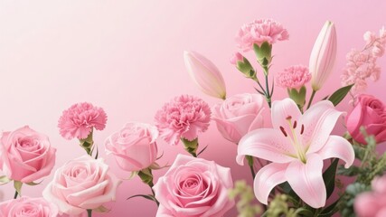 Elegant Bouquet of Pink Roses and Lilies Against a Soft Pink Background