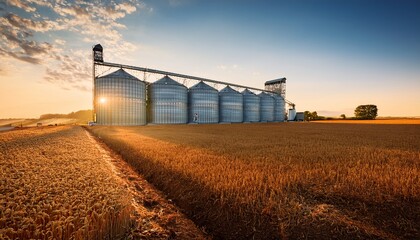 large grain silos at sunrise on a modern farm agricultural infrastructure and storage facility concept