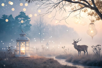 Obraz premium Ethereal Winter Landscape with Deer Silhouette and Glowing Lantern on Snowy Night