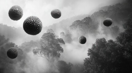 Abstract grayscale image of textured orbs floating above a misty, forested landscape